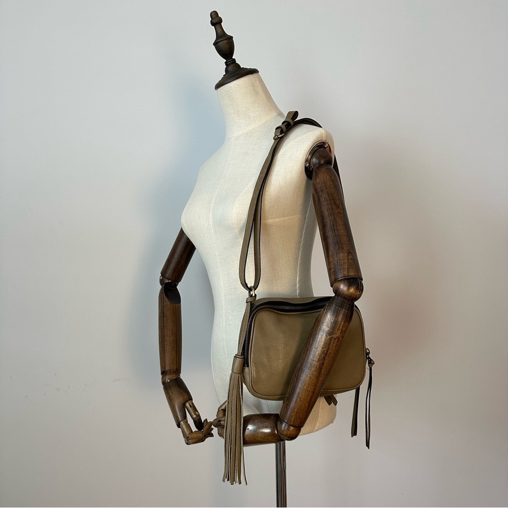 Genuine Leather Crossbody Bag – Olive Taupe, Tassel Detail